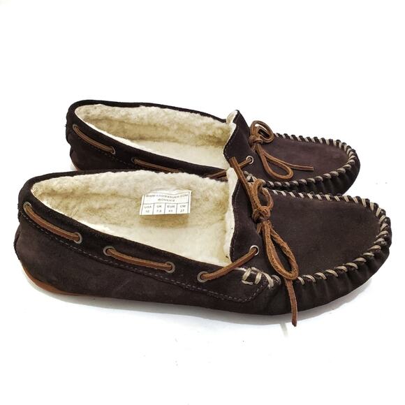 Eddie Bauer | Leather Moccasin Slippers Faux Sherpa Lining - Picture 1 of 10